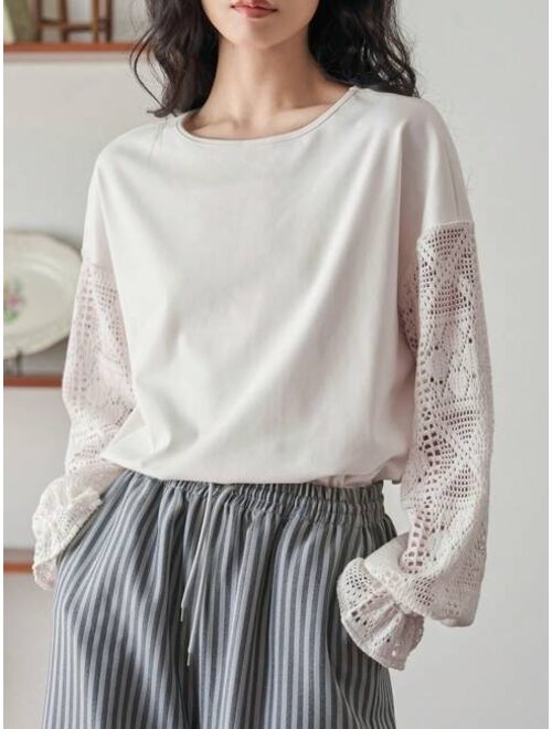 FRIFUL Solid Color Lace Patchwork Long Sleeved T-shirt