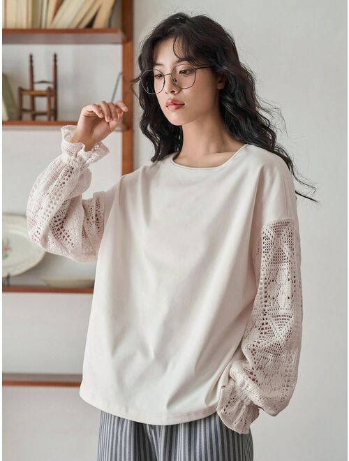 FRIFUL Solid Color Lace Patchwork Long Sleeved T-shirt