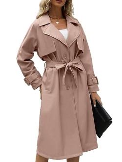 Bellivera Women Trench Coat Long Loose Jacket Faux PU Leather Oversize Classic Lapel Overcoat with Belt