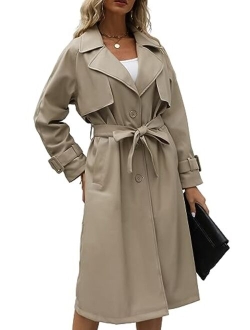 Bellivera Women Trench Coat Long Loose Jacket Faux PU Leather Oversize Classic Lapel Overcoat with Belt