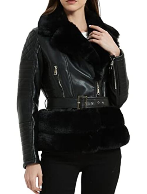 Bellivera Women Faux Suede Leather Jacket Motorcycle Short Sherpa-Lined Coat with Removable Belt