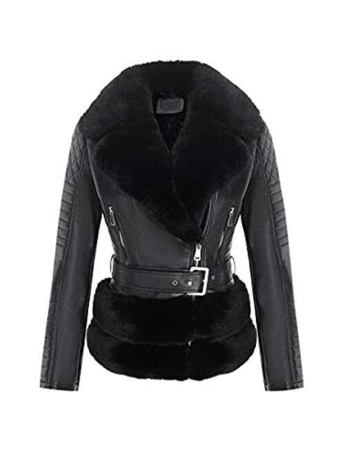 Bellivera Women Faux Suede Leather Jacket Motorcycle Short Sherpa-Lined Coat with Removable Belt