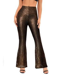 YHYJMY Womens High Waist Wide Leg Sparkle Sequin Bling Glitter Elastic Loose Flare Bell Bottom Shiny Pants