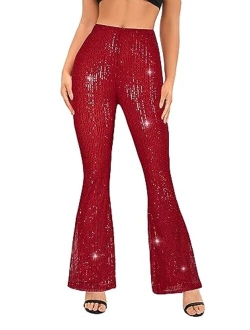 YHYJMY Womens High Waist Wide Leg Sparkle Sequin Bling Glitter Elastic Loose Flare Bell Bottom Shiny Pants