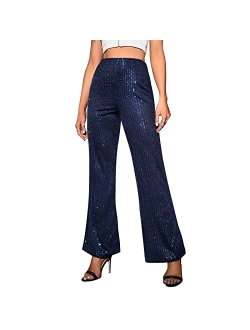 YHYJMY Womens High Waist Wide Leg Sparkle Sequin Bling Glitter Elastic Loose Flare Bell Bottom Shiny Pants