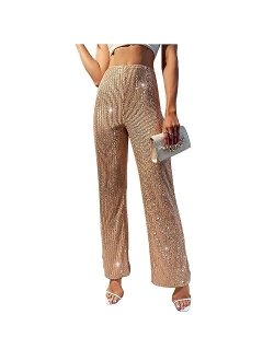 YHYJMY Womens High Waist Wide Leg Sparkle Sequin Bling Glitter Elastic Loose Flare Bell Bottom Shiny Pants