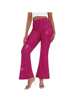 YHYJMY Womens High Waist Wide Leg Sparkle Sequin Bling Glitter Elastic Loose Flare Bell Bottom Shiny Pants