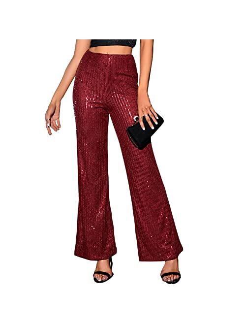 YHYJMY Womens High Waist Wide Leg Sparkle Sequin Bling Glitter Elastic Loose Flare Bell Bottom Shiny Pants