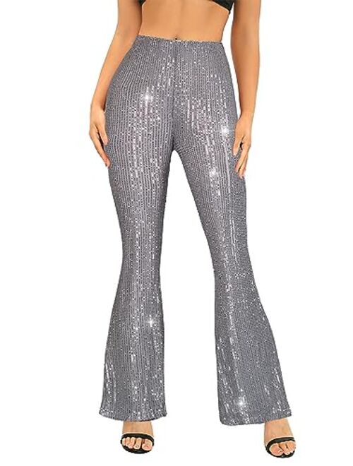 YHYJMY Womens High Waist Wide Leg Sparkle Sequin Bling Glitter Elastic Loose Flare Bell Bottom Shiny Pants