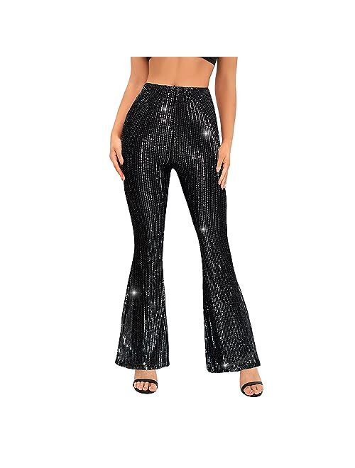 YHYJMY Womens High Waist Wide Leg Sparkle Sequin Bling Glitter Elastic Loose Flare Bell Bottom Shiny Pants