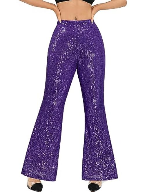 YHYJMY Womens High Waist Wide Leg Sparkle Sequin Bling Glitter Elastic Loose Flare Bell Bottom Shiny Pants