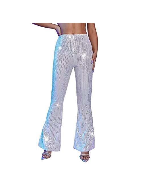 YHYJMY Womens High Waist Wide Leg Sparkle Sequin Bling Glitter Elastic Loose Flare Bell Bottom Shiny Pants