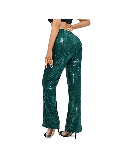 YHYJMY Womens High Waist Wide Leg Sparkle Sequin Bling Glitter Elastic Loose Flare Bell Bottom Shiny Pants