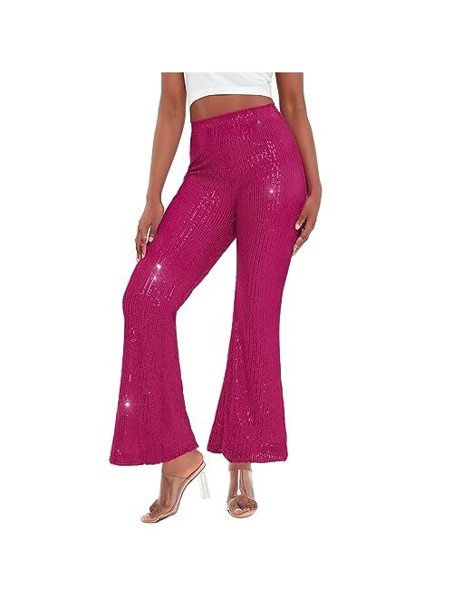 YHYJMY Womens High Waist Wide Leg Sparkle Sequin Bling Glitter Elastic Loose Flare Bell Bottom Shiny Pants