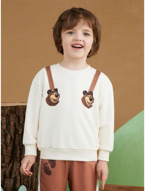 SHEIN X Masha and The Bear Young Boy Bear Print Pullover & Contrast Sideseam Sweatpants