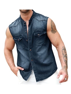 Ryannology Men Button Down Denim Cotton Shirts Sleeveless Casual Slim Fit Work Cowboy Jean Vest Shirt with Pockets