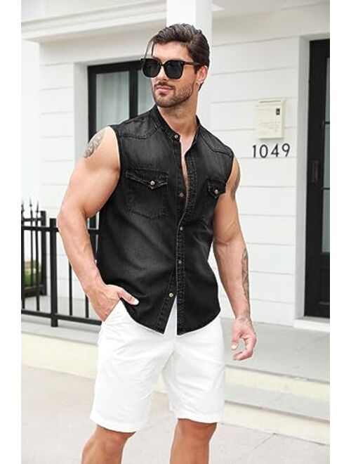 Ryannology Men Button Down Denim Cotton Shirts Sleeveless Casual Slim Fit Work Cowboy Jean Vest Shirt with Pockets