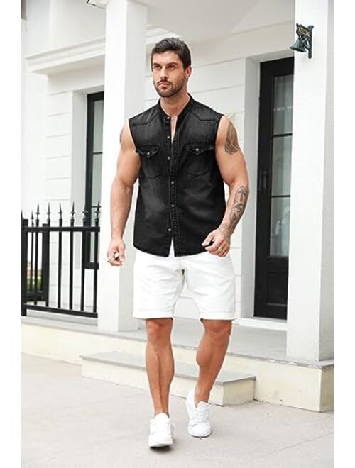 Ryannology Men Button Down Denim Cotton Shirts Sleeveless Casual Slim Fit Work Cowboy Jean Vest Shirt with Pockets