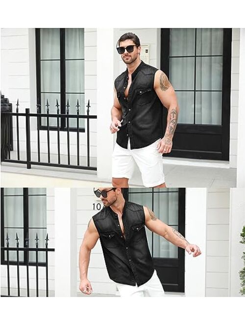 Ryannology Men Button Down Denim Cotton Shirts Sleeveless Casual Slim Fit Work Cowboy Jean Vest Shirt with Pockets