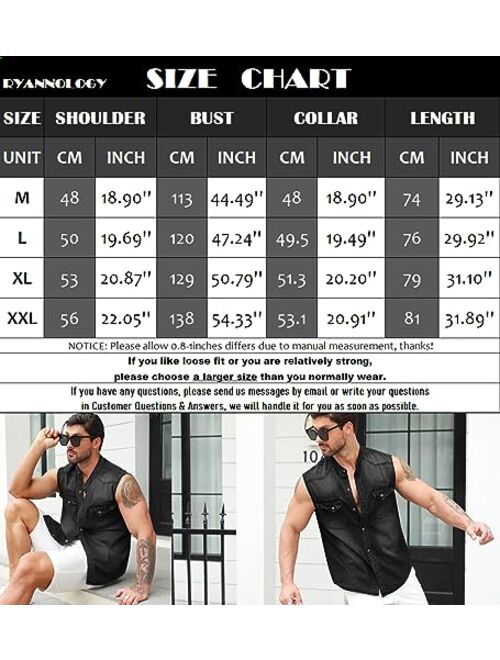 Ryannology Men Button Down Denim Cotton Shirts Sleeveless Casual Slim Fit Work Cowboy Jean Vest Shirt with Pockets