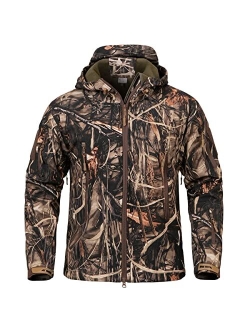 NAVEKULL Silent Hunting Clothes for Men Soft Shell Outdoor Hiking Jacket Camo Water Resistant Fleece Hooded Coat with Pockets