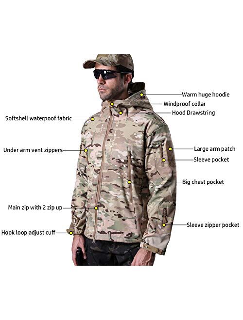 ReFire Gear Men's Soft Shell Military Tactical Jacket Outdoor Camouflage Hunting Fleece Hooded Coat