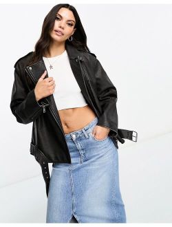 washed faux leather oversized biker jacket in black wash