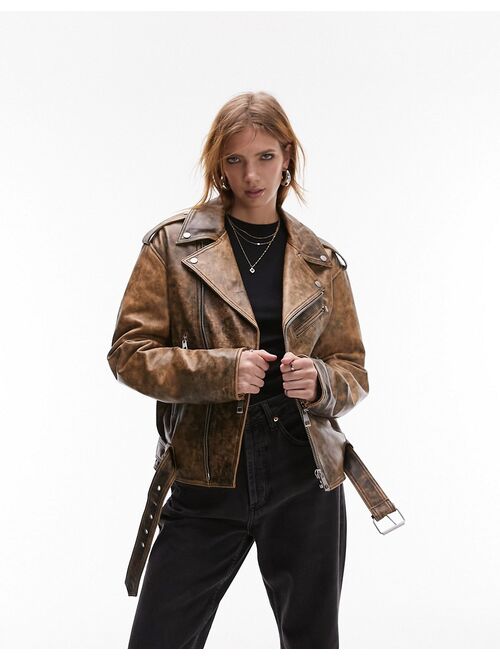 Topshop real leather washed crop biker jacket in brown