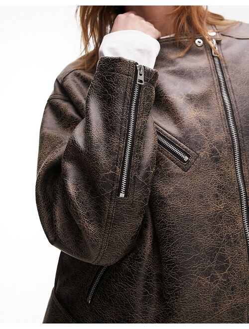 Topshop faux leather washed look oversized biker jacket in brown