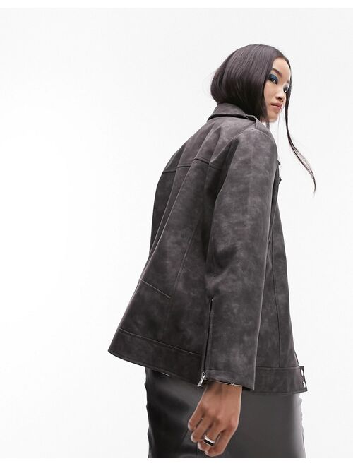 Topshop faux leather washed look easy oversized biker jacket in gray