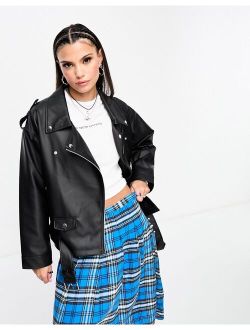 Noisy May faux leather oversized moto jacket in black