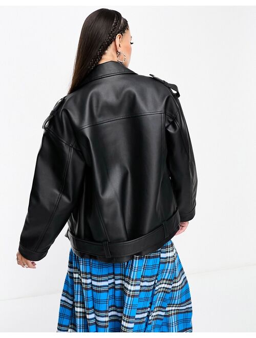 Noisy May faux leather oversized moto jacket in black