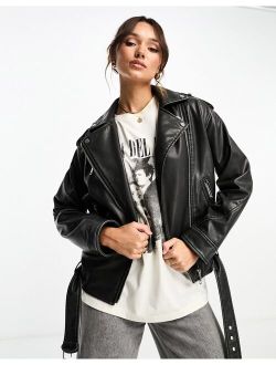 oversized faux leather biker jacket in washed black