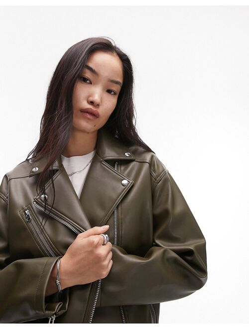 Topshop faux leather oversized biker jacket in khaki