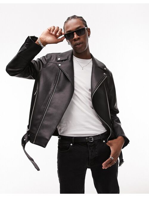 Topman faux leather belted moto jacket in black