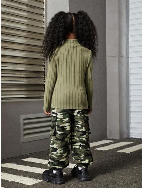 SHEIN Kids HYPEME Big Girls' Knit Ribbed Top And Camouflage Print Long Pants Set