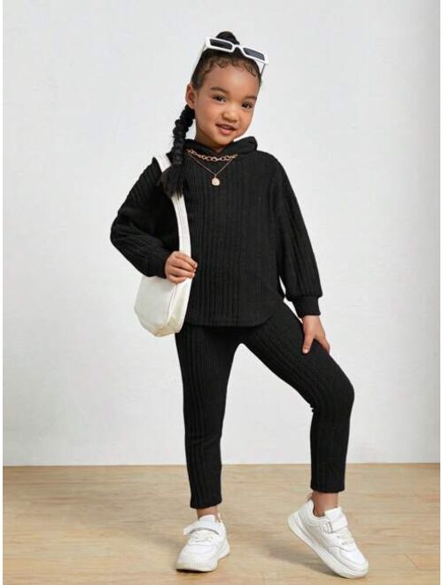 SHEIN Kids EVRYDAY Young Girl Solid Drop Shoulder Hoodie & Leggings