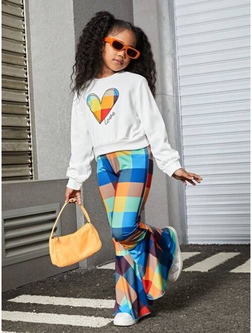 SHEIN Kids EVRYDAY 2pcs/set Teenage Girls' Heart & Letter Print Sweatshirt And Plaid Bell Bottom Pants