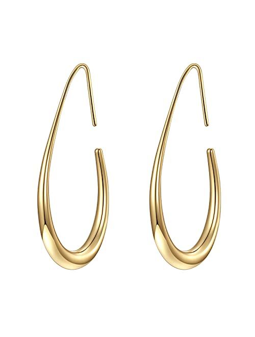 Gelanmeng Lightweight Teardrop Hoop Earrings for Women - 14k Gold/White Gold Plated Large Oval Pull Through Hoop Earrings High Polished Statement Jewelry Gift for Women T