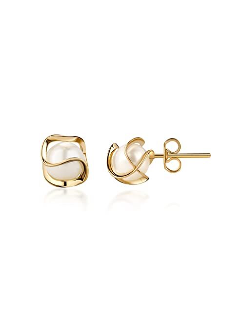 Barzel 18K Gold Plated Caged Pearl Stud Earrings - Made In Brazil