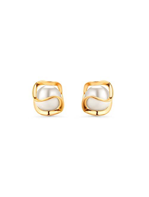 Barzel 18K Gold Plated Caged Pearl Stud Earrings - Made In Brazil