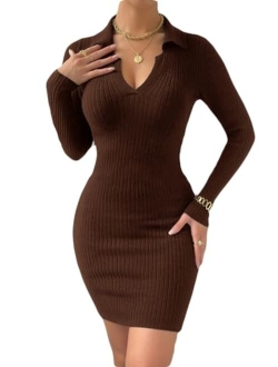 Women's Ribbed Bodycon Dress Long Sleeve V Neck Short Mini Club Dress