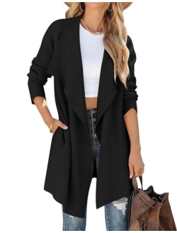 Women's 2023 Casual Lapel Cardigan Long Sleeve Open Front Irregular Hem Soft Knitted Sweater Coat with Pockets