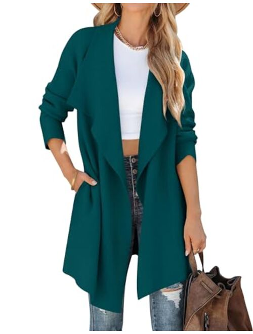 ZESICA Women's 2023 Casual Lapel Cardigan Long Sleeve Open Front Irregular Hem Soft Knitted Sweater Coat with Pockets