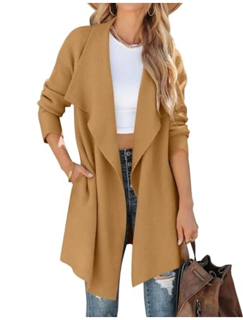 ZESICA Women's 2023 Casual Lapel Cardigan Long Sleeve Open Front Irregular Hem Soft Knitted Sweater Coat with Pockets