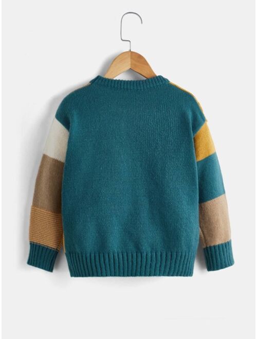 Shein Toddler Boys Color Block Drop Shoulder Cable Knit Sweater