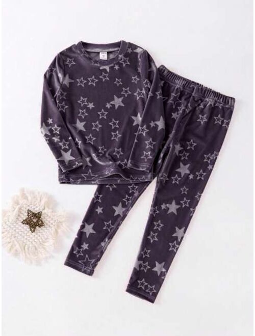 Shein Girls (large) Star Print Long Sleeve Suede Home Clothes Set