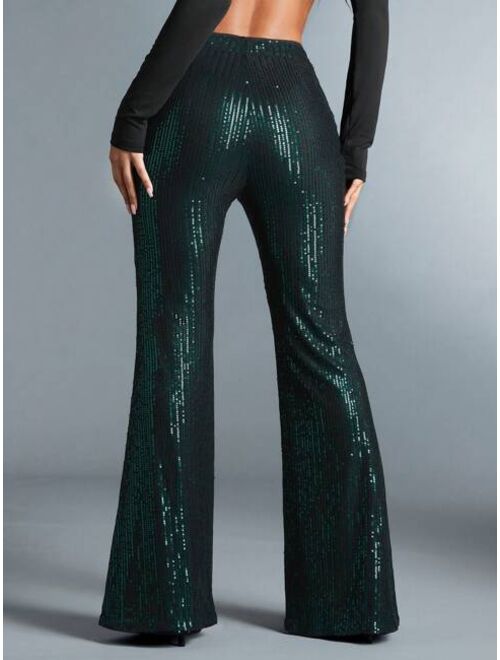 SHEIN BAE Women'S Elegant Party Outfit Dark Green Sequin Flare Pants