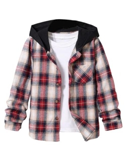 Boy's Plaid Button Front Long Sleeve Hooded Shirt Casual Tops