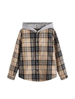 Boy's Plaid Button Front Long Sleeve Hooded Shirt Casual Tops